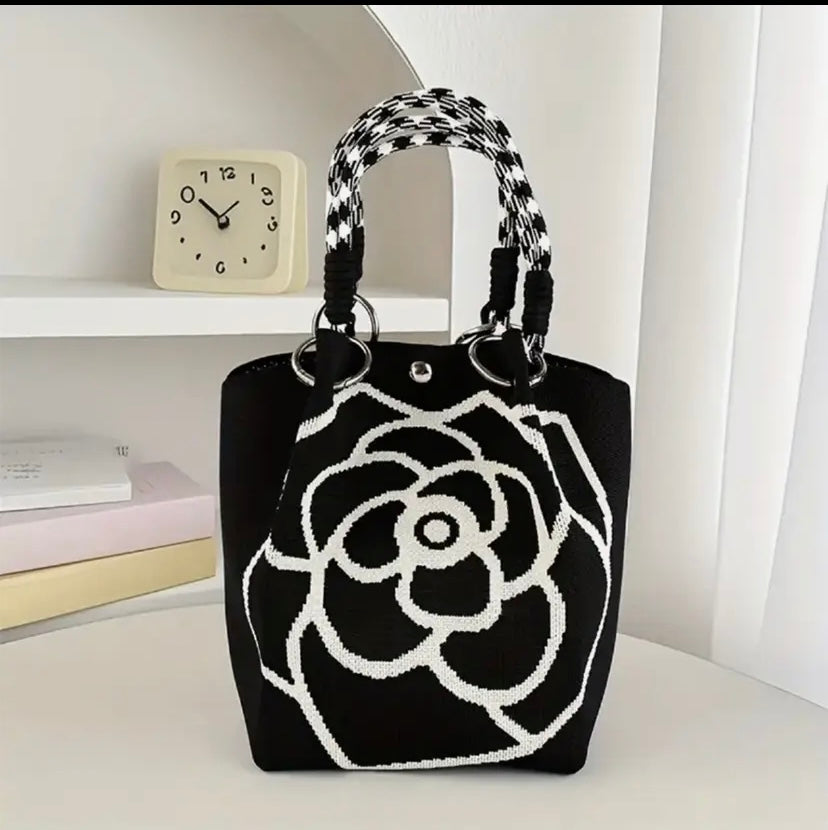 Elegant Camellia Knit Tote – Medium Size (Spacious) Floral Bag