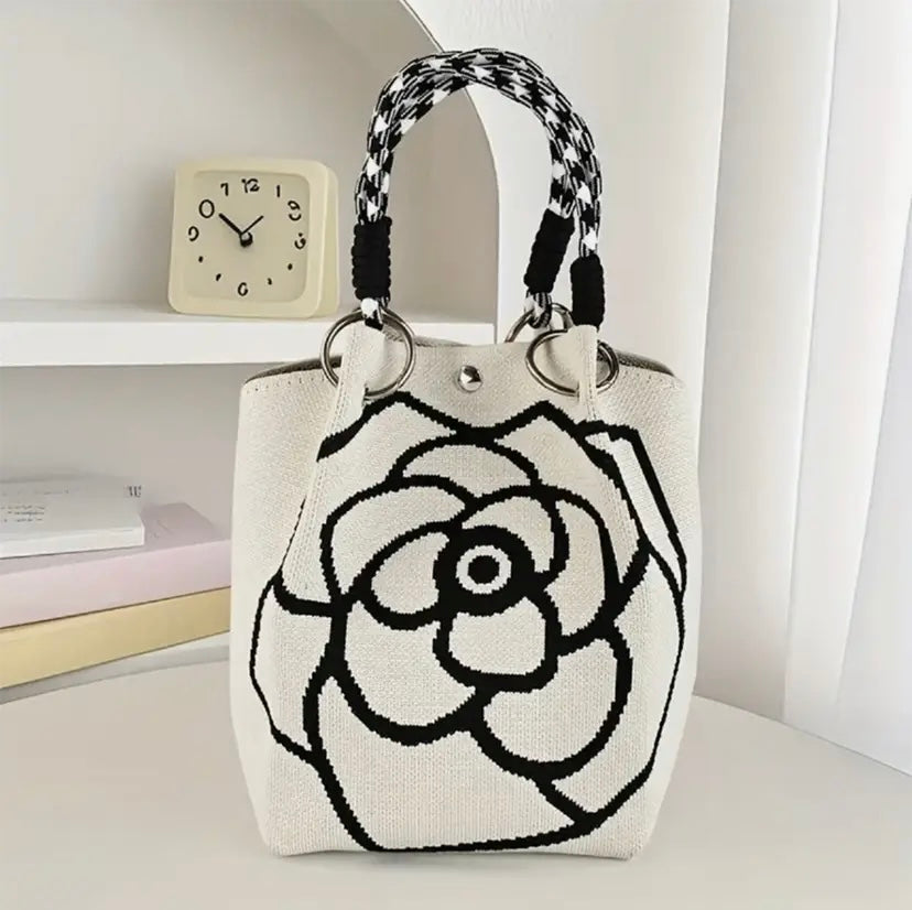 Elegant Camellia Knit Tote – Medium Size (Spacious) Floral Bag