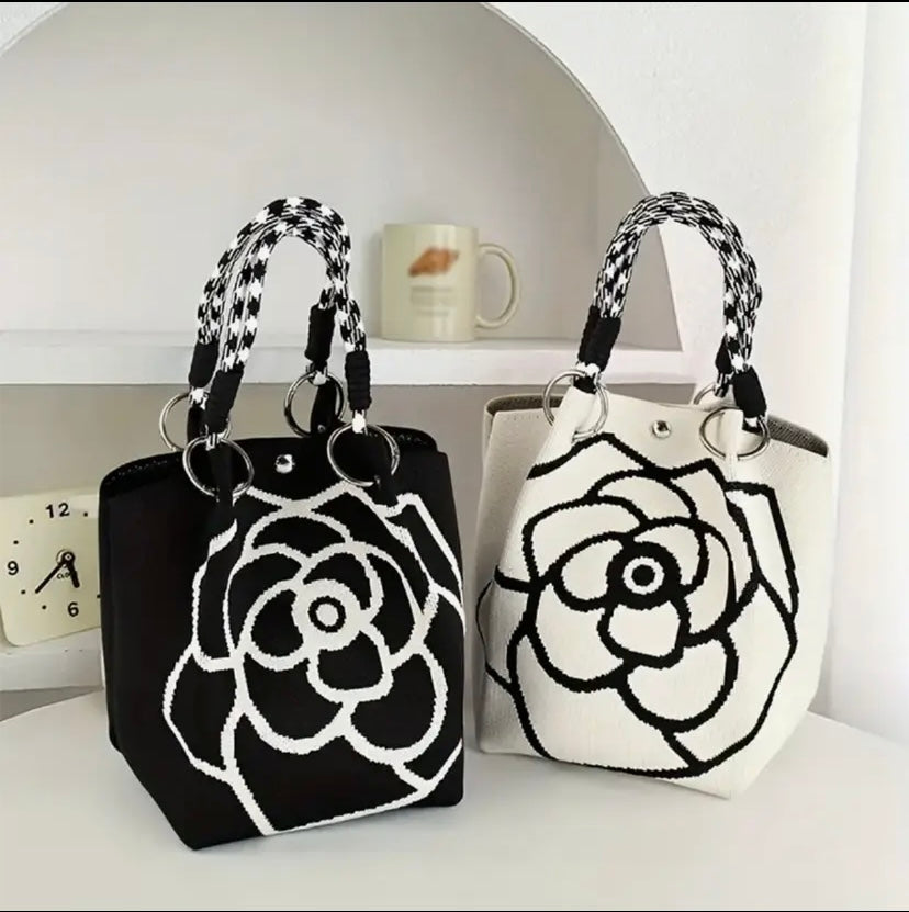 Elegant Camellia Knit Tote – Medium Size (Spacious) Floral Bag